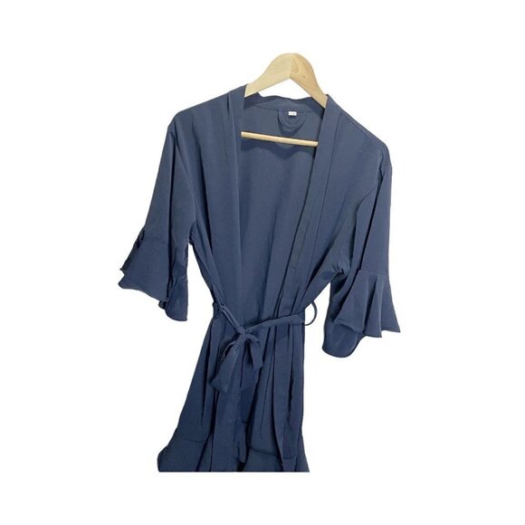 Ruffled Robe Satin Robe Bride Bridesmaid OS Navy Blue Knee Length Lightweight - Picture 1 of 3